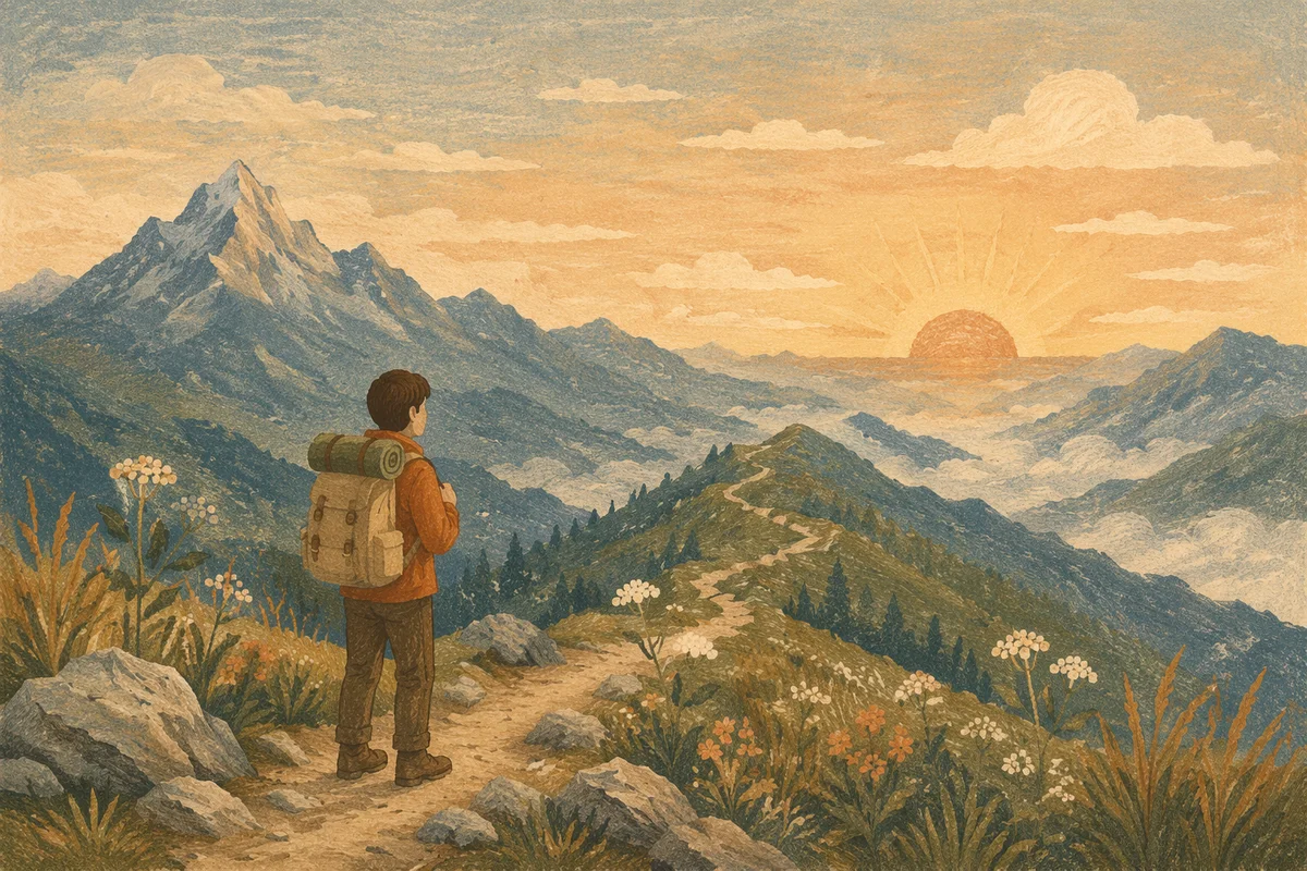 Lone Hiker on Alpine Mountain Trail