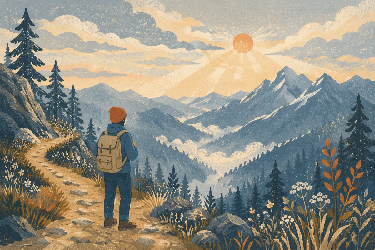 Lone Hiker Overlooking Misty Mountain Valley