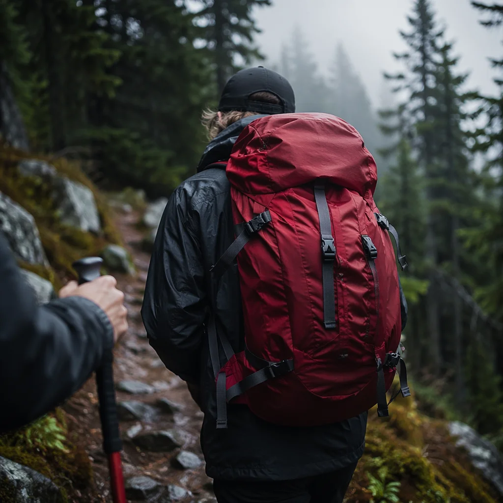 Red Backpack on Misty Mountain Trail