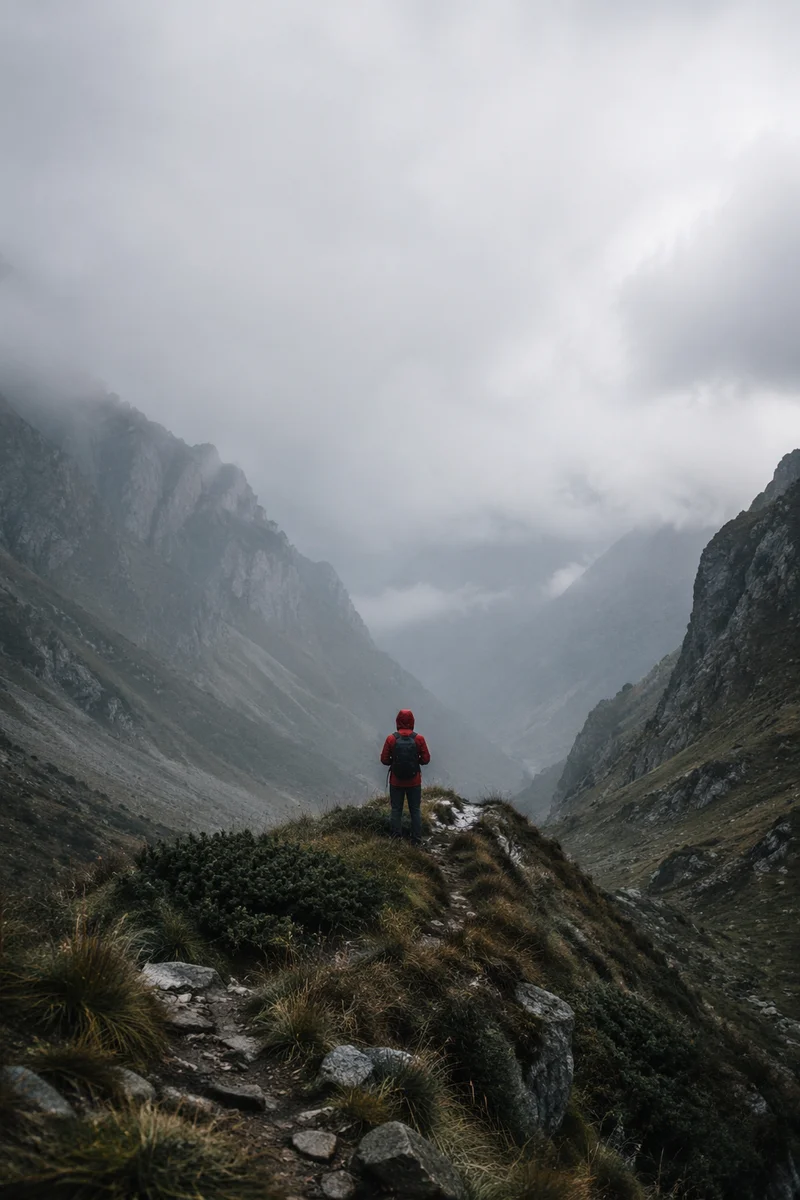 Lone Hiker on Misty Mountain Ridge