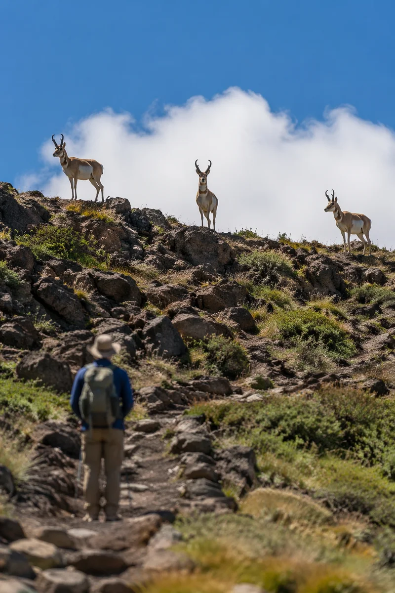 Backpacker Observing Antelope on Mountain Trail