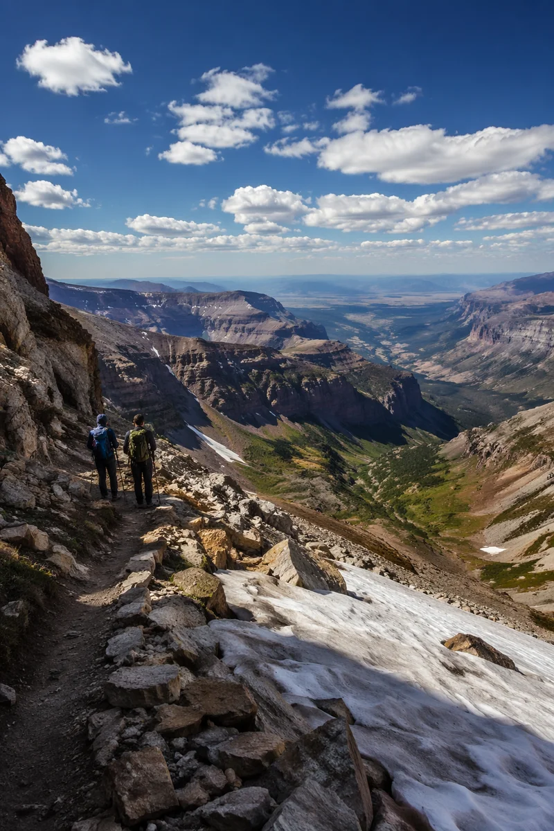 Backpack Hikers Overlooking Rugged Mountain Canyon