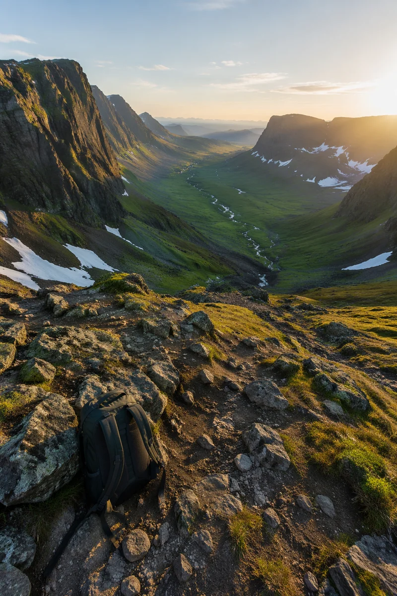 Backpack on Mountain Trail at Sunrise