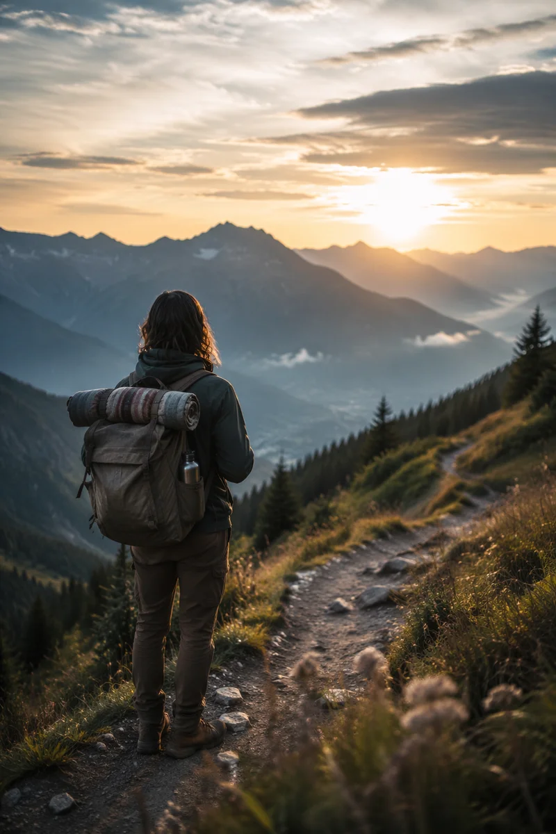 Solitary Hiker on Misty Alpine Pilgrimage Trail