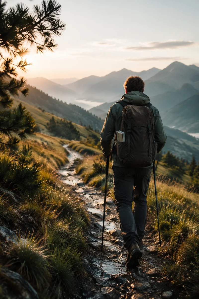 Lone Hiker on Misty Alpine Trail