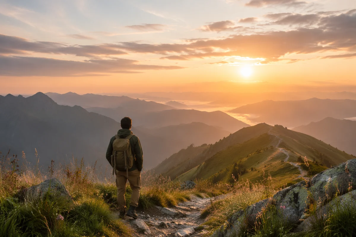 Lone Hiker on Alpine Mountain Trail