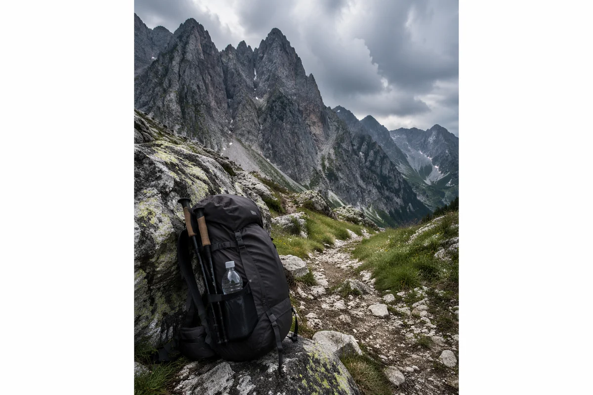 Backpack on Rocky Alpine Mountain Trail