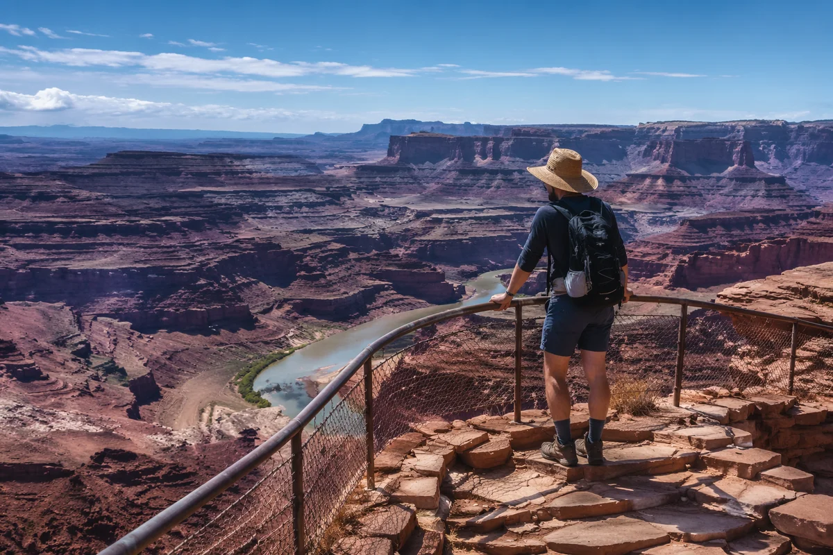 Lone Hiker Overlooking Desert Canyon Trail