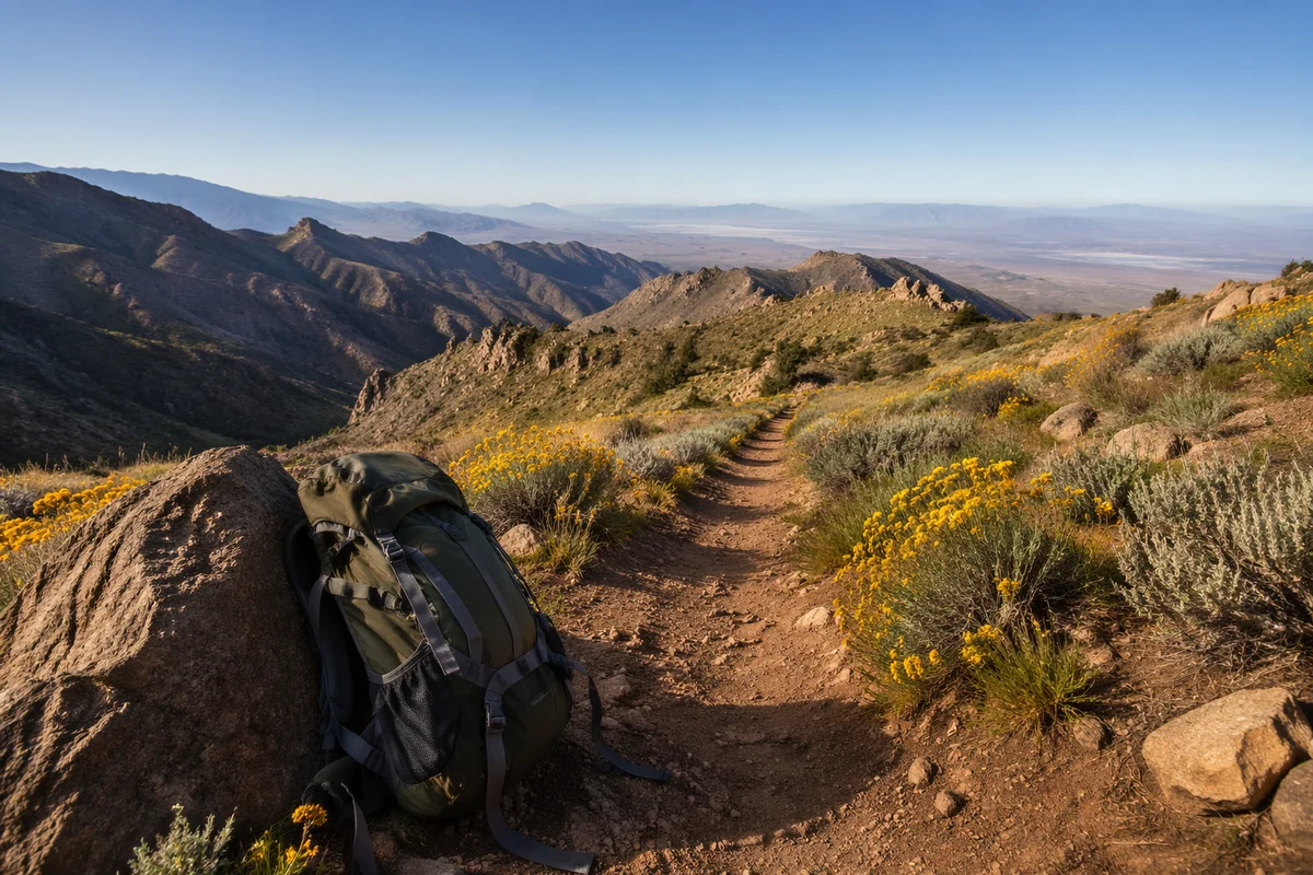 Backpack on Sunlit Mountain Hiking Trail
