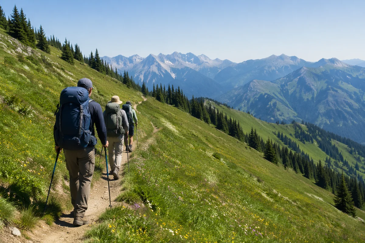 Hikers on Alpine Mountain Trail Adventure