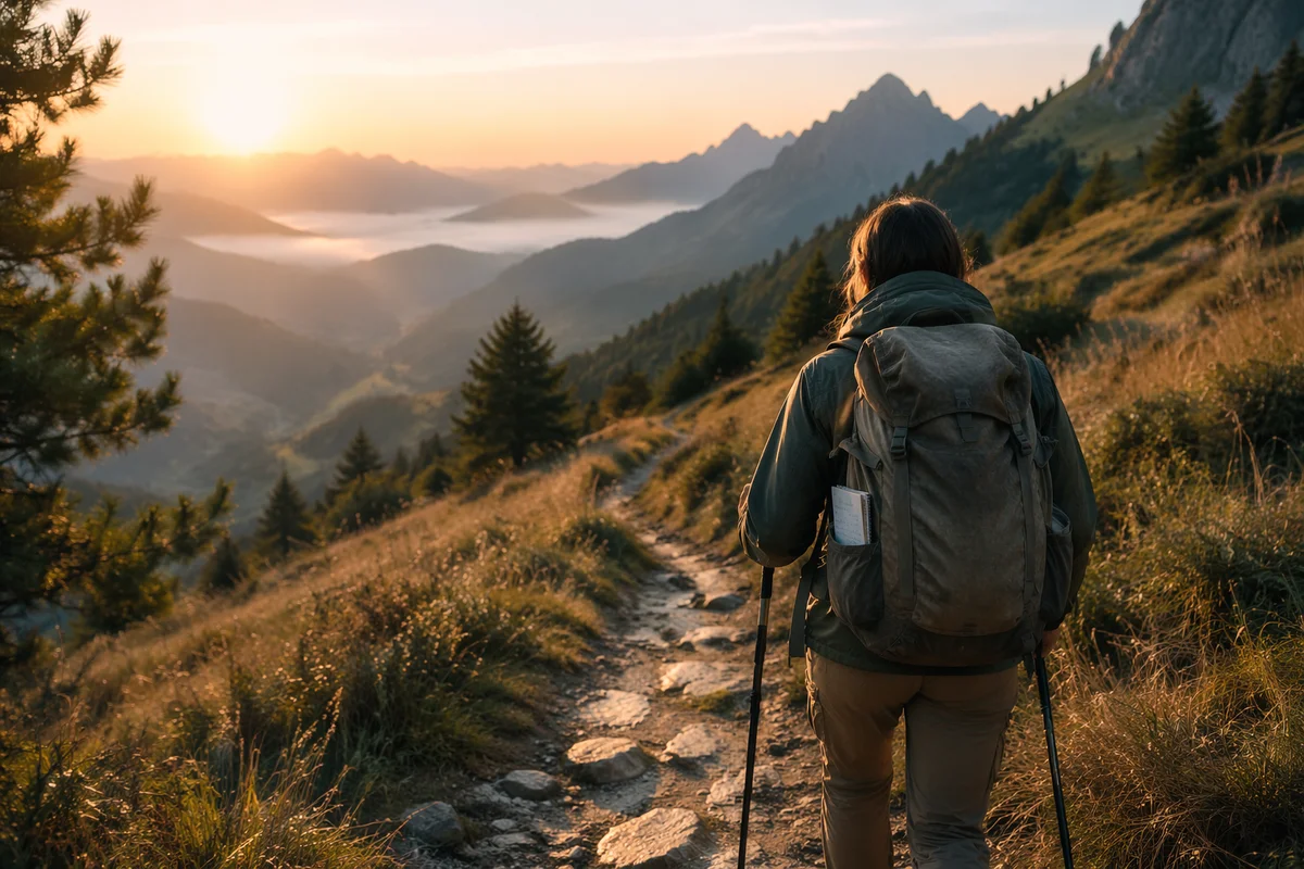 Lone Hiker on Misty Alpine Trail