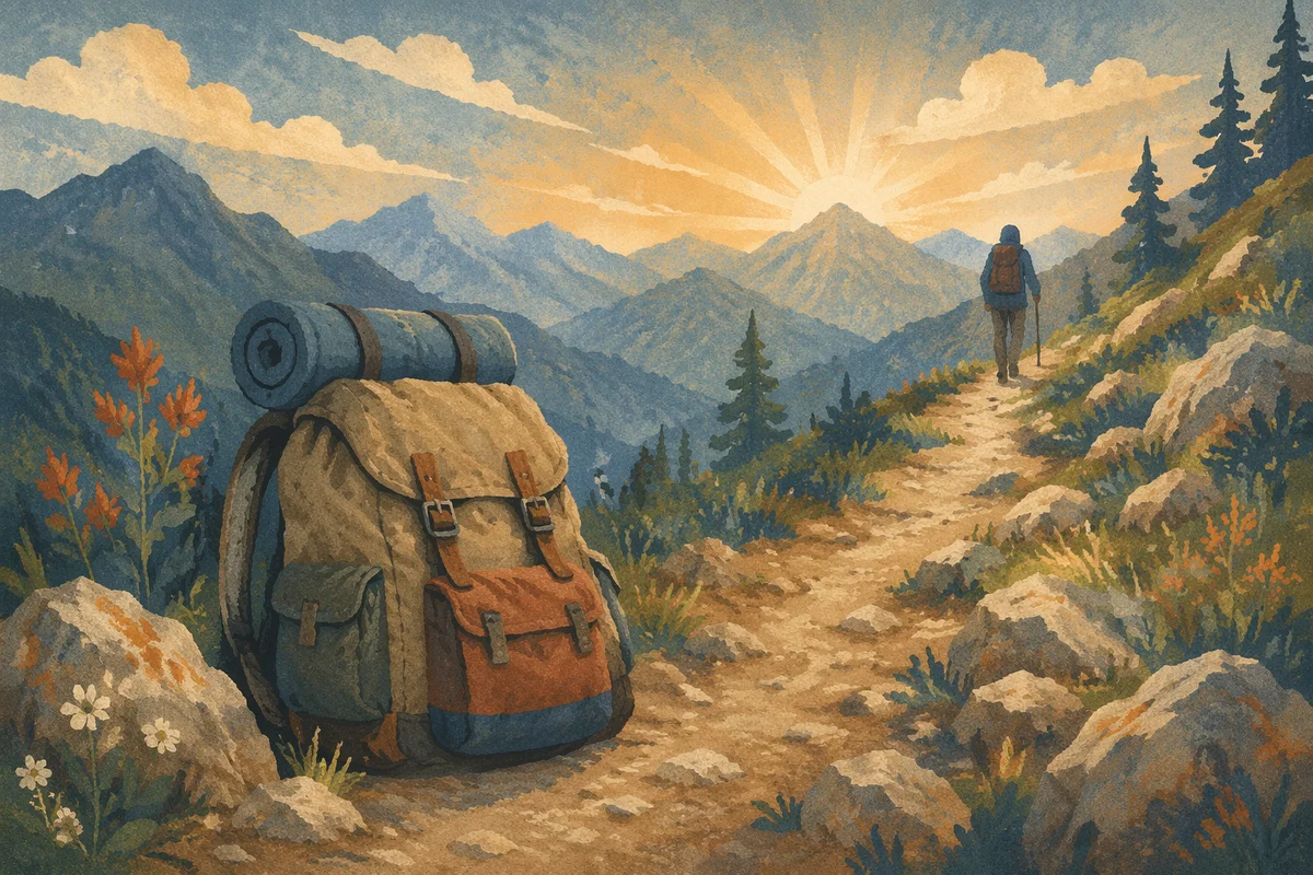 Backpack Resting on Mountain Trail at Sunrise
