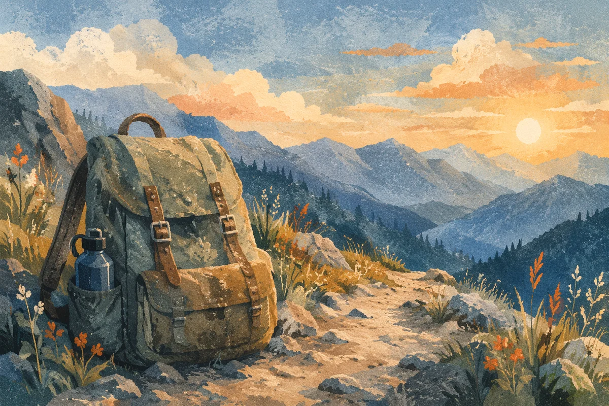 Backpack Resting on Mountain Trail at Dawn