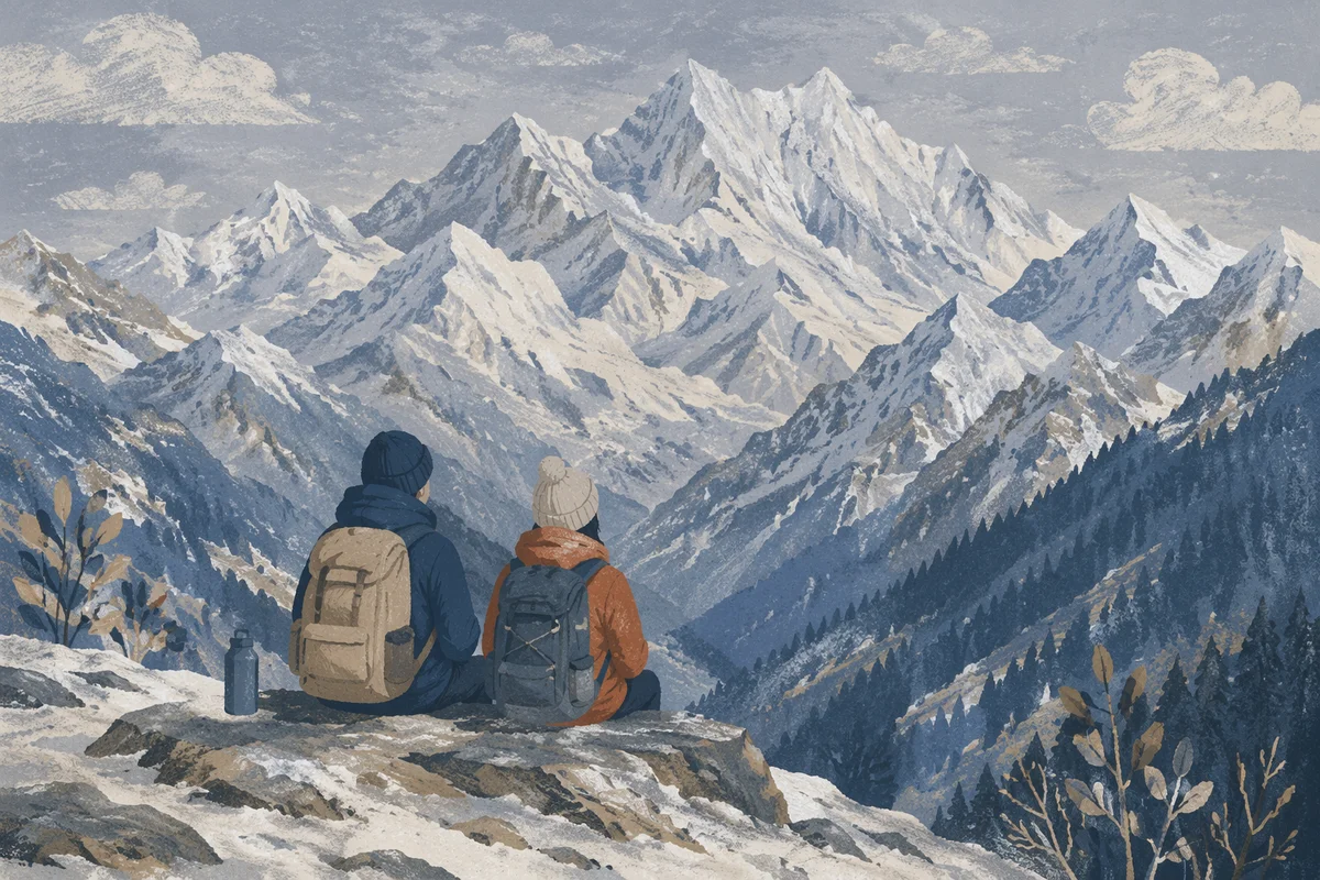 Hikers Resting on Snowy Alpine Trail