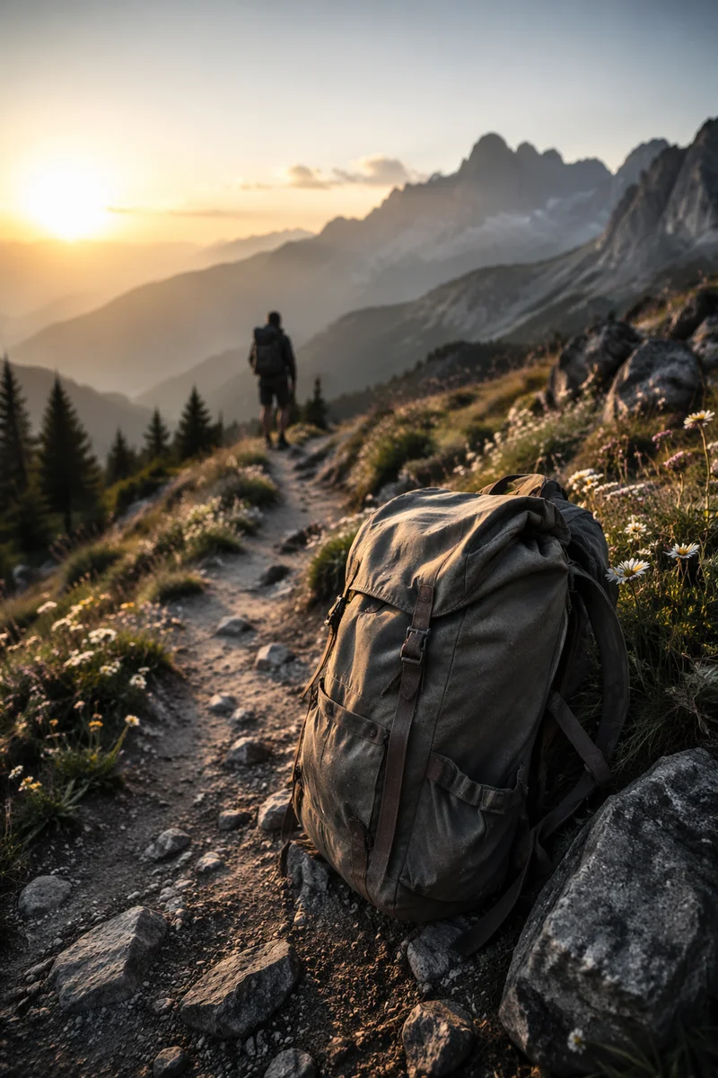 Backpack Resting on Mountain Trail at Sunrise
