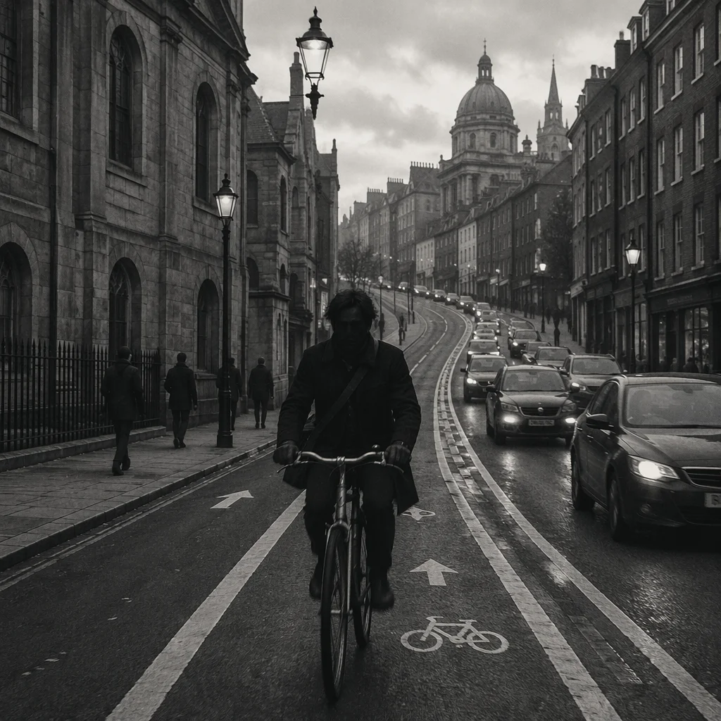Monochrome Urban Bicycle Commute on City Street