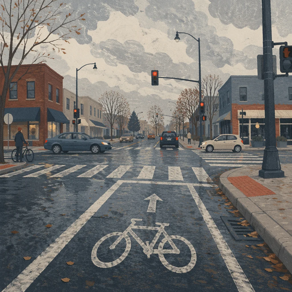 Urban Bicycle Commute at Winter Intersection