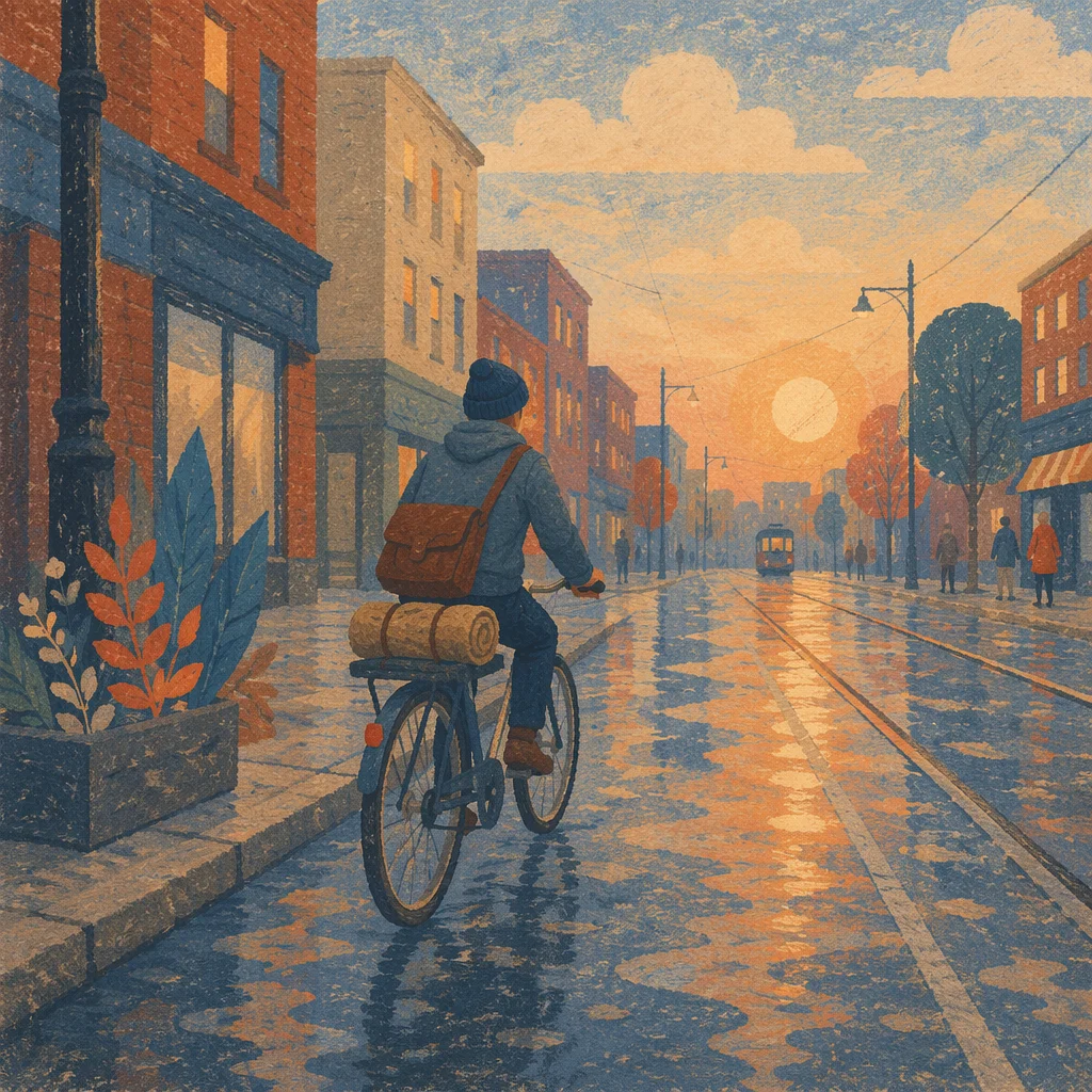 Dawn Cyclist on Wet City Street