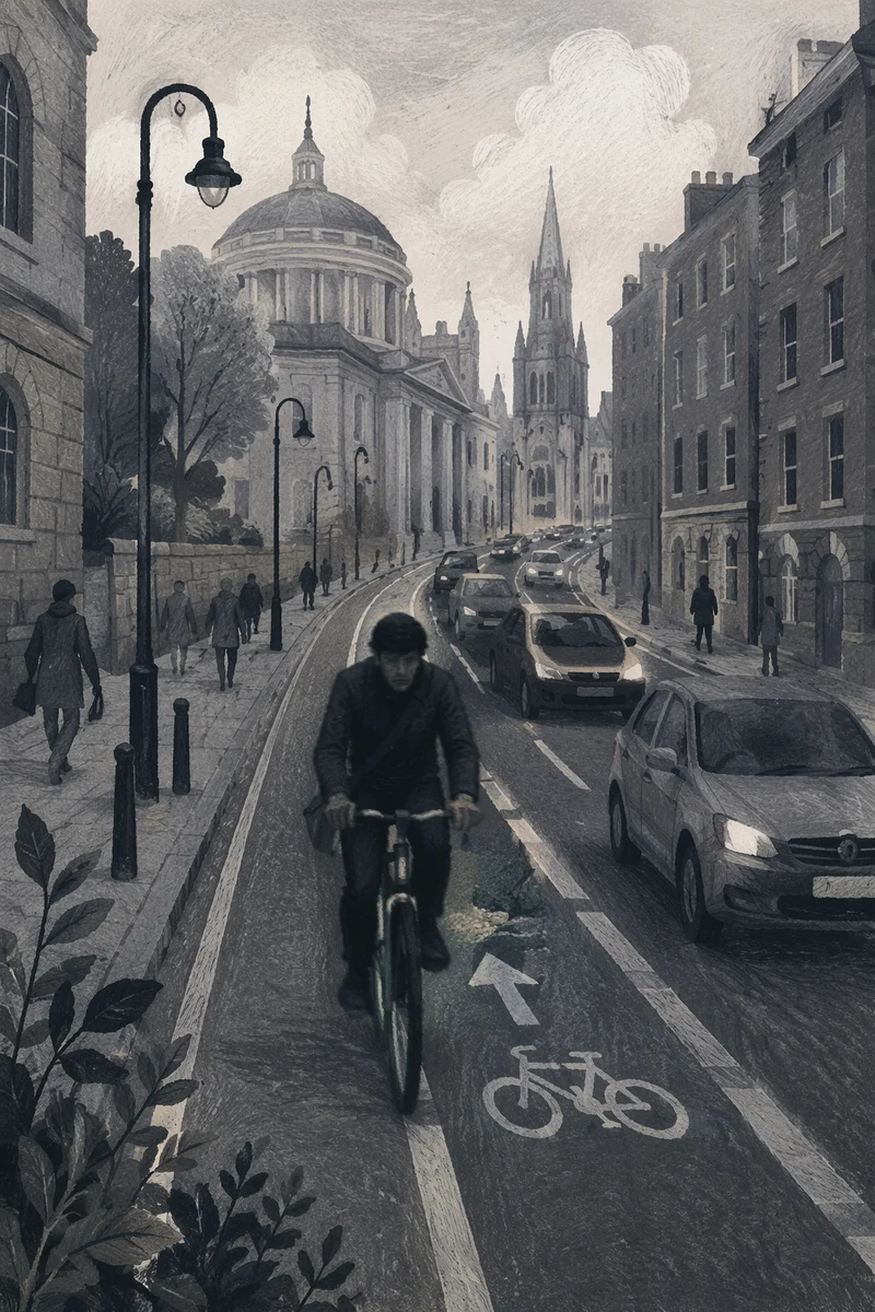 Monochrome Urban Bicycle Commute on City Street