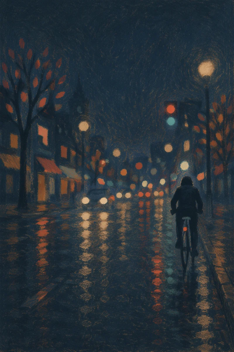 Rainy Night Bicycle Commute in City