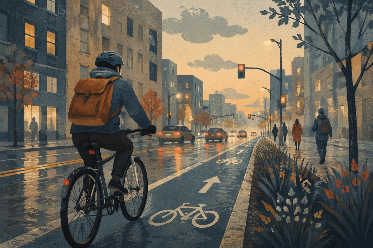Early Morning Bicycle Commute in Rainy City