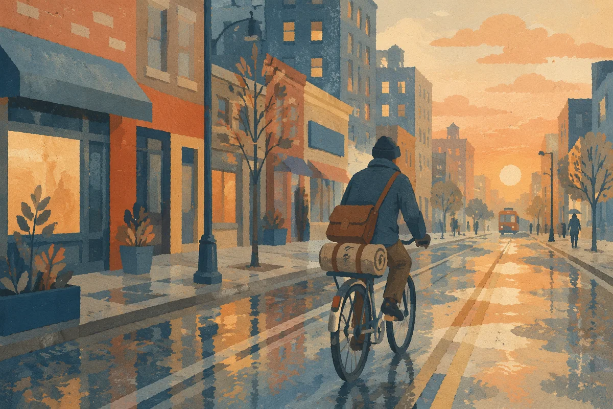 Dawn Cyclist on Rainy City Commute