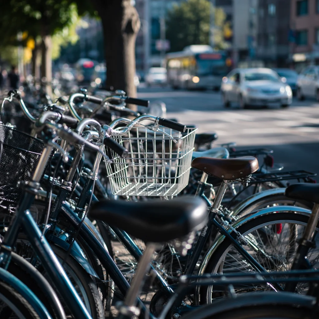 Crowded Commuter Bicycles on City Sidewalk
