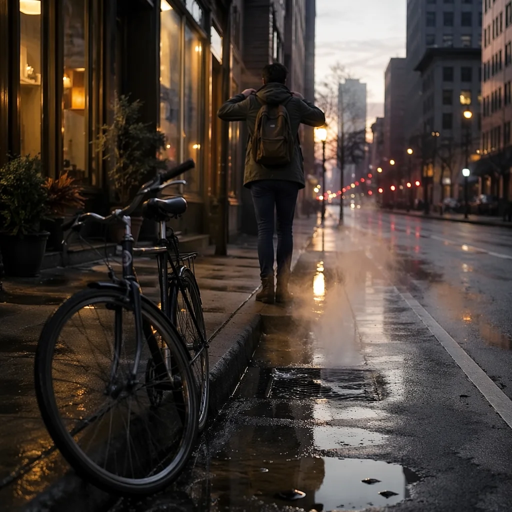 Morning Bicycle Commute on Rainy City Street