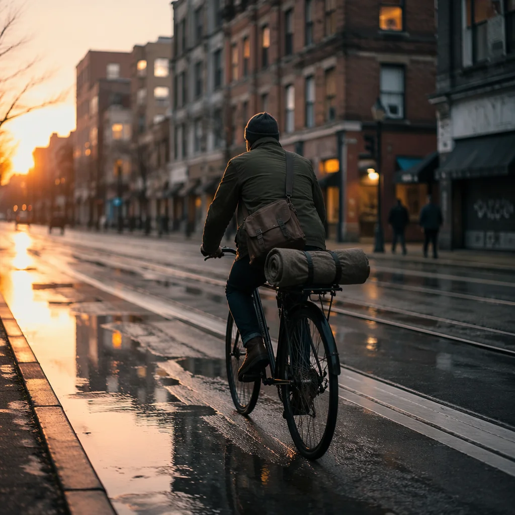 Cyclist Commuting Through Rainy City Dawn