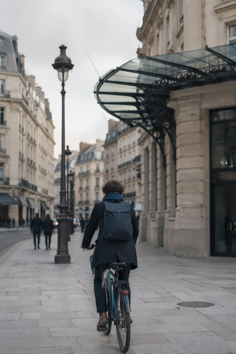Bicycle Commuter on Historic City Sidewalk