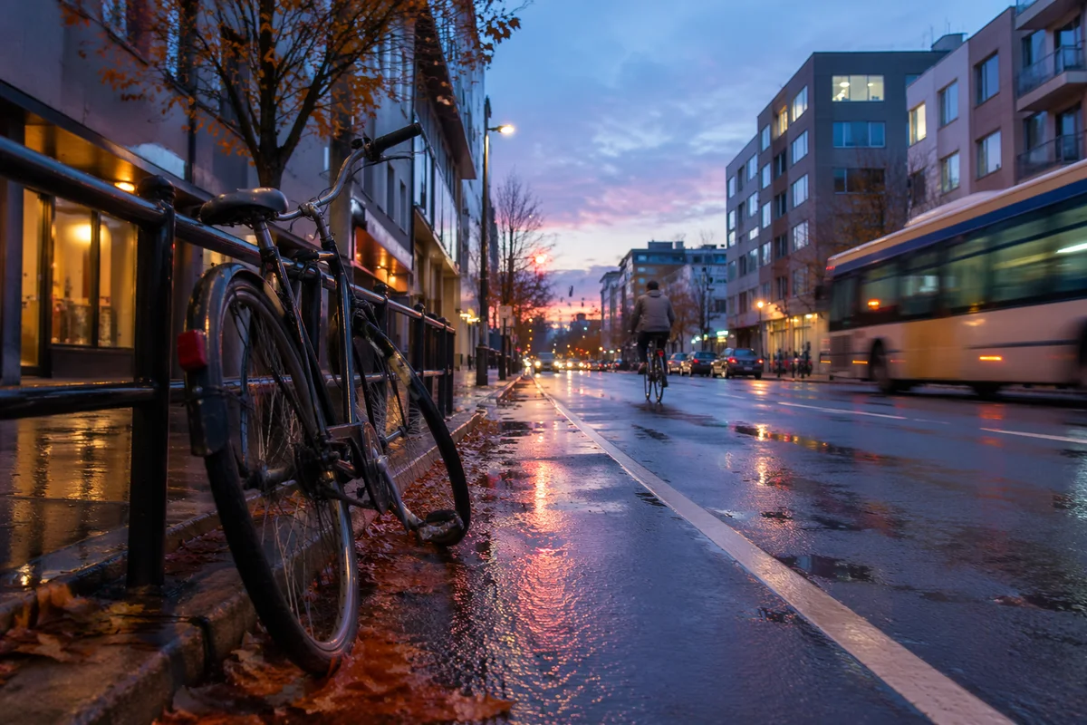 Blue Hour Bicycle Commute on Quiet City Street