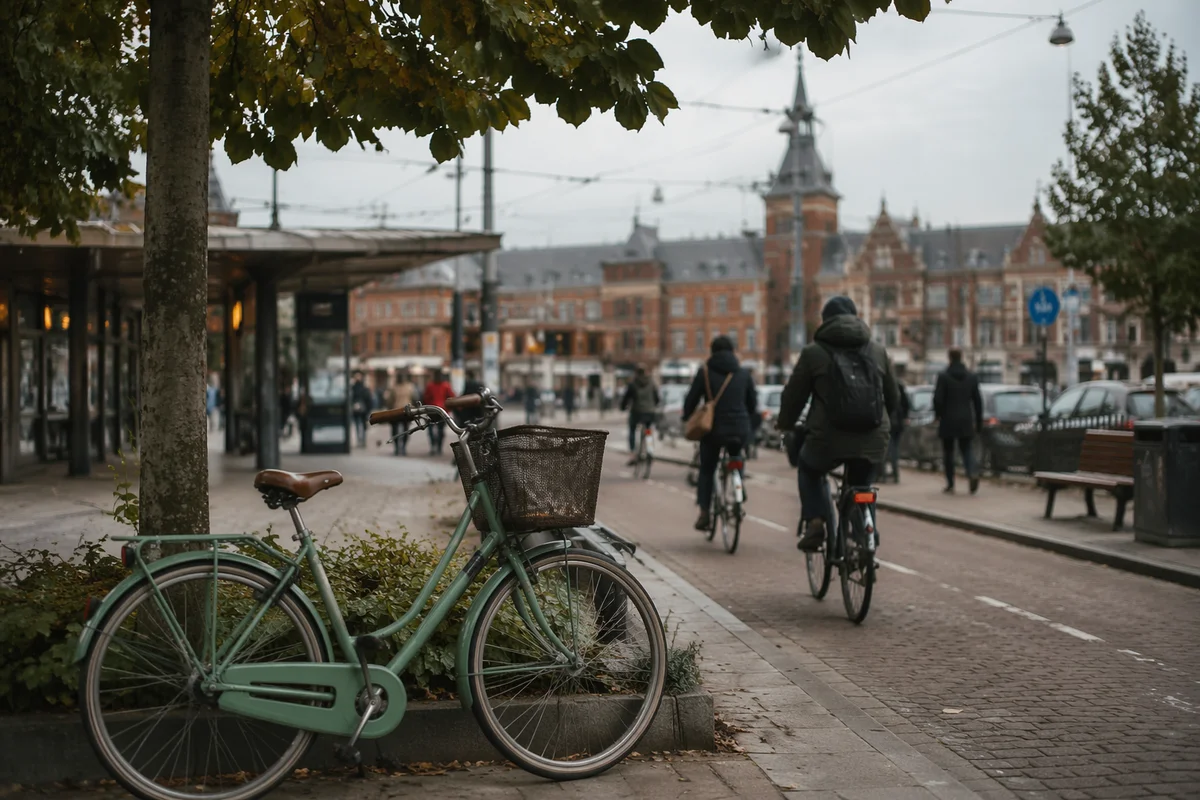 Urban Bicycle Commute on Overcast European Street
