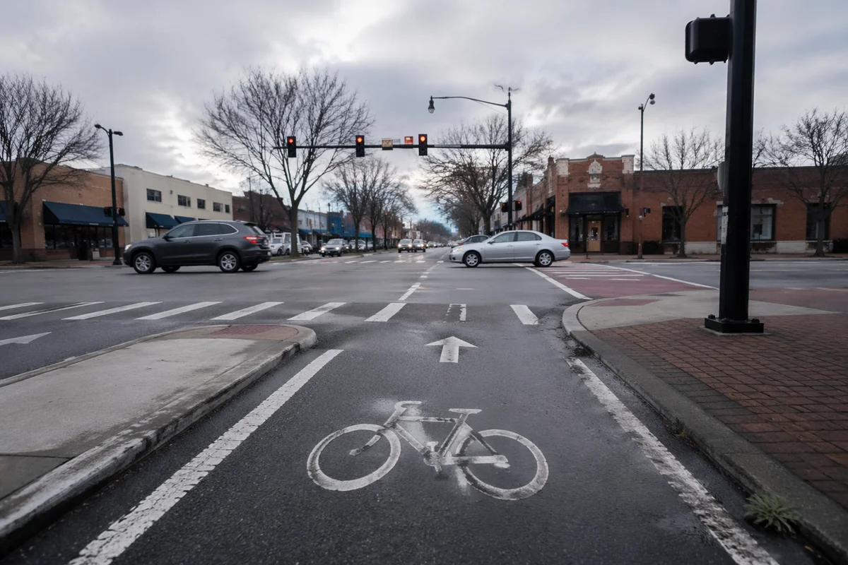 Urban Bicycle Commute Through Rainy Intersection