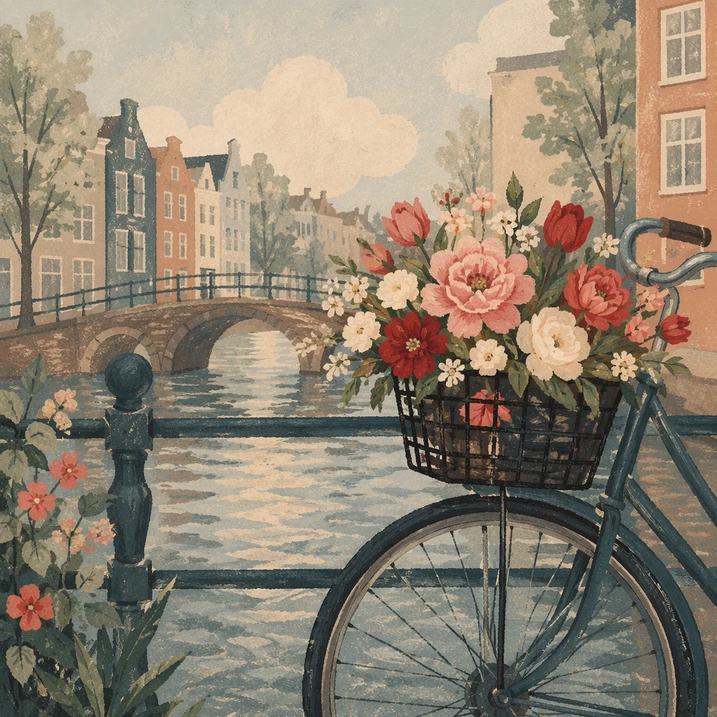 Vintage Bicycle with Flowers on Canal Bridge