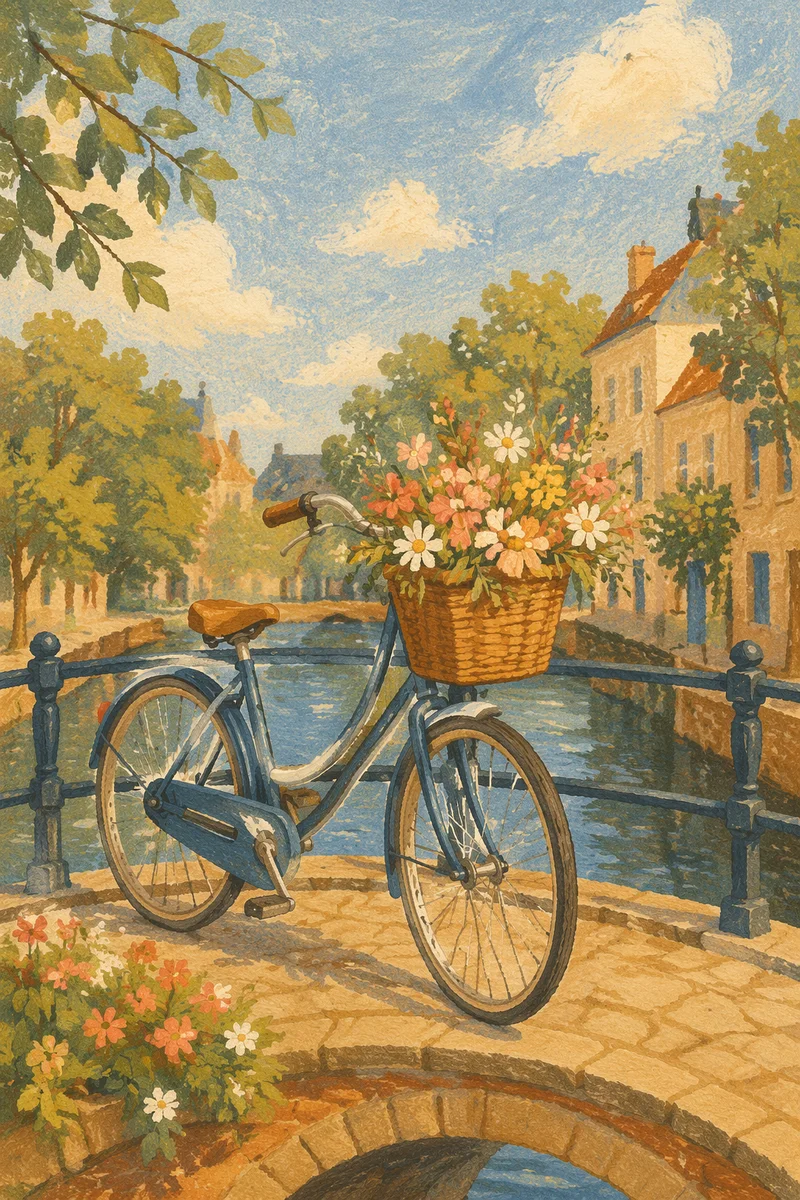 Bicycle with Flower Basket on Canal Bridge