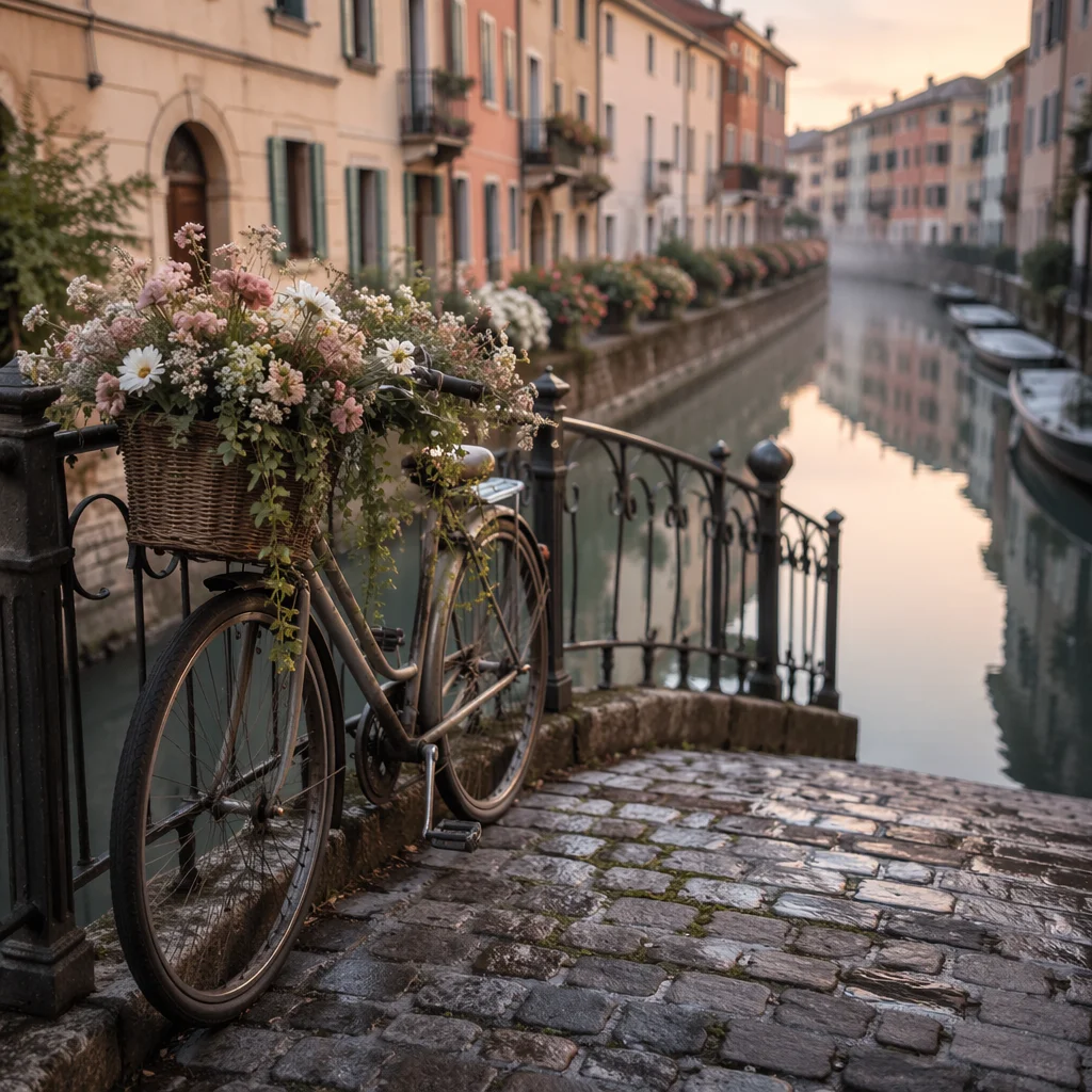 Vintage Bicycle on Misty Canal Bridge