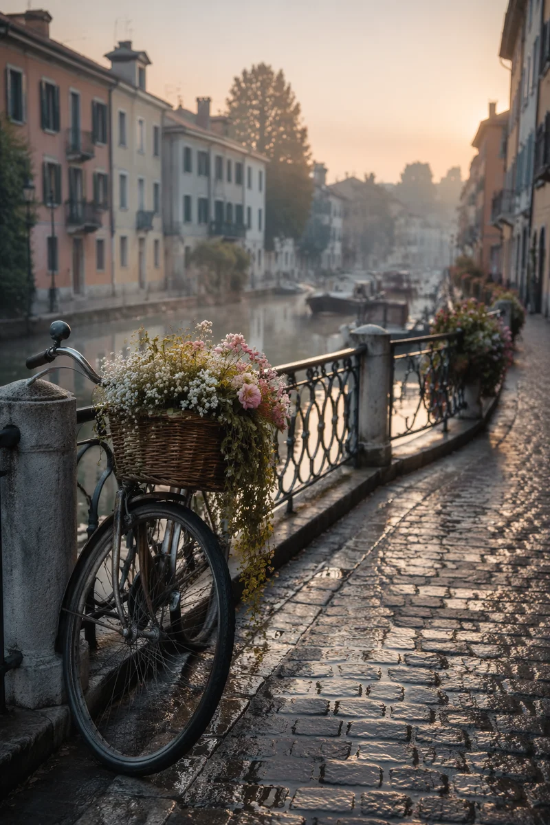 Vintage Bicycle on Misty Canal Bridge
