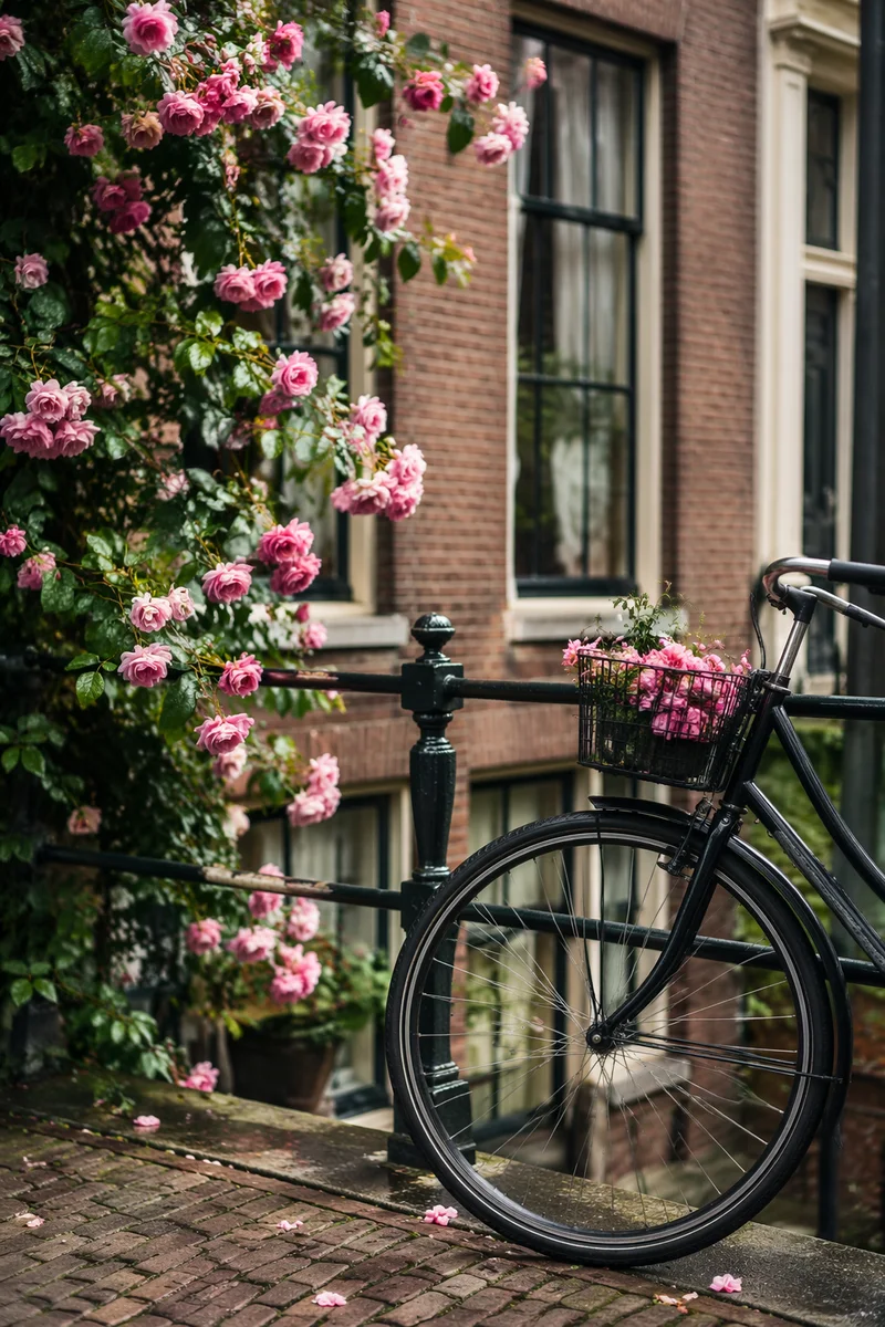 Vintage Bicycle with Flowers on Canal Bridge