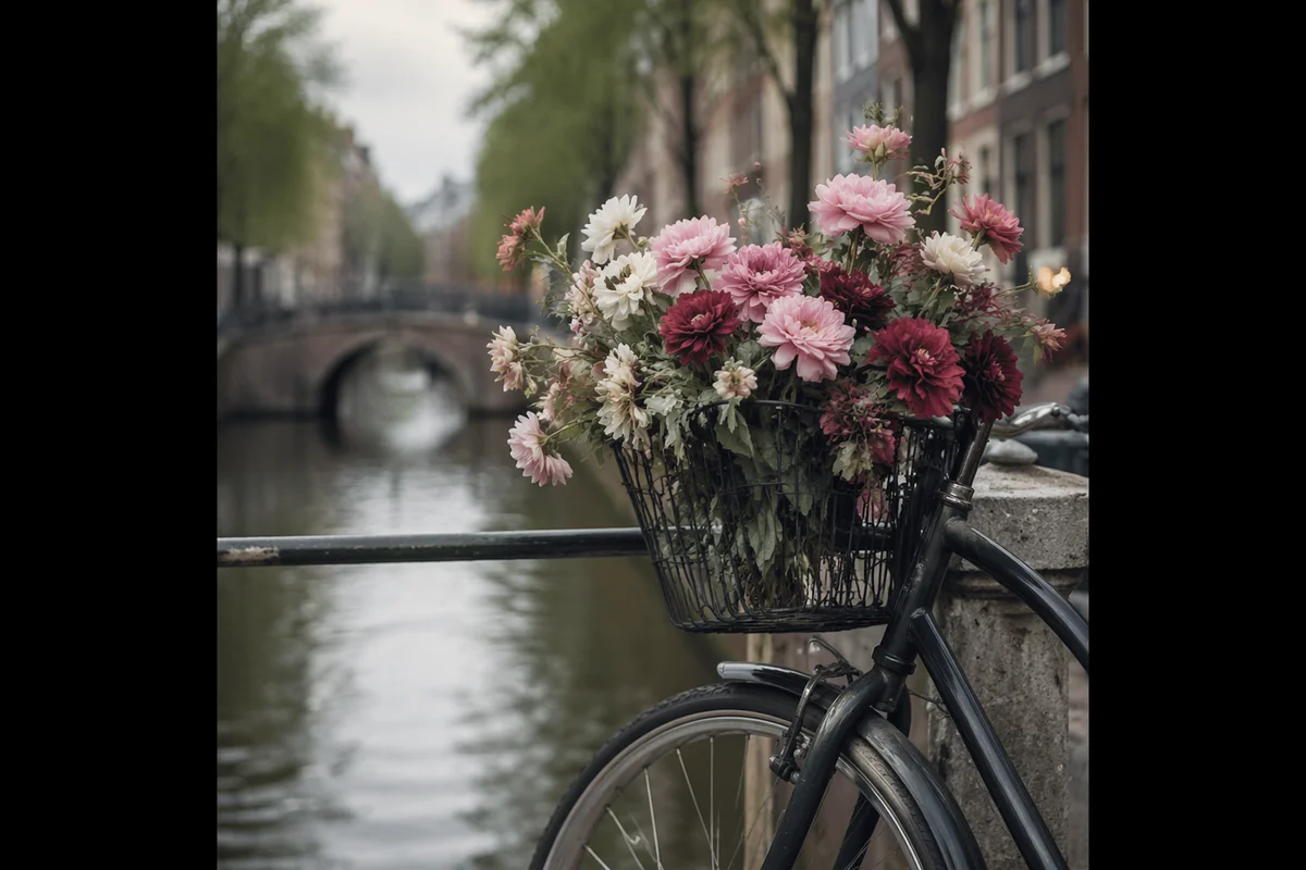 Vintage Bicycle with Flower Basket by Canal