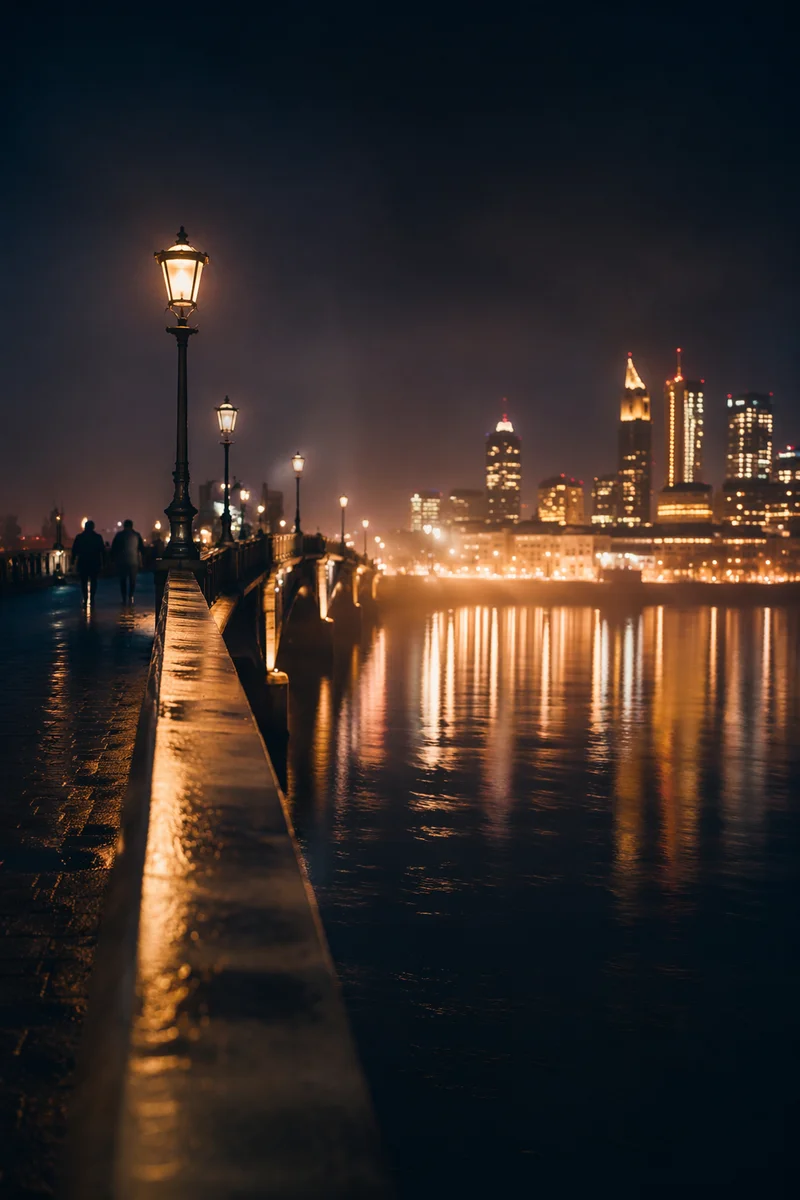 Night Bridge Walk Toward City Lights