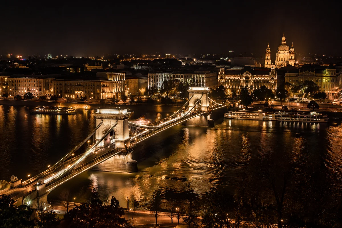 Romantic Night Bridge Over Historic River City