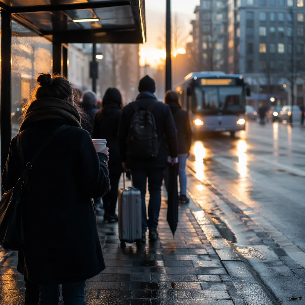 Rainy City Bus Stop Morning Commute