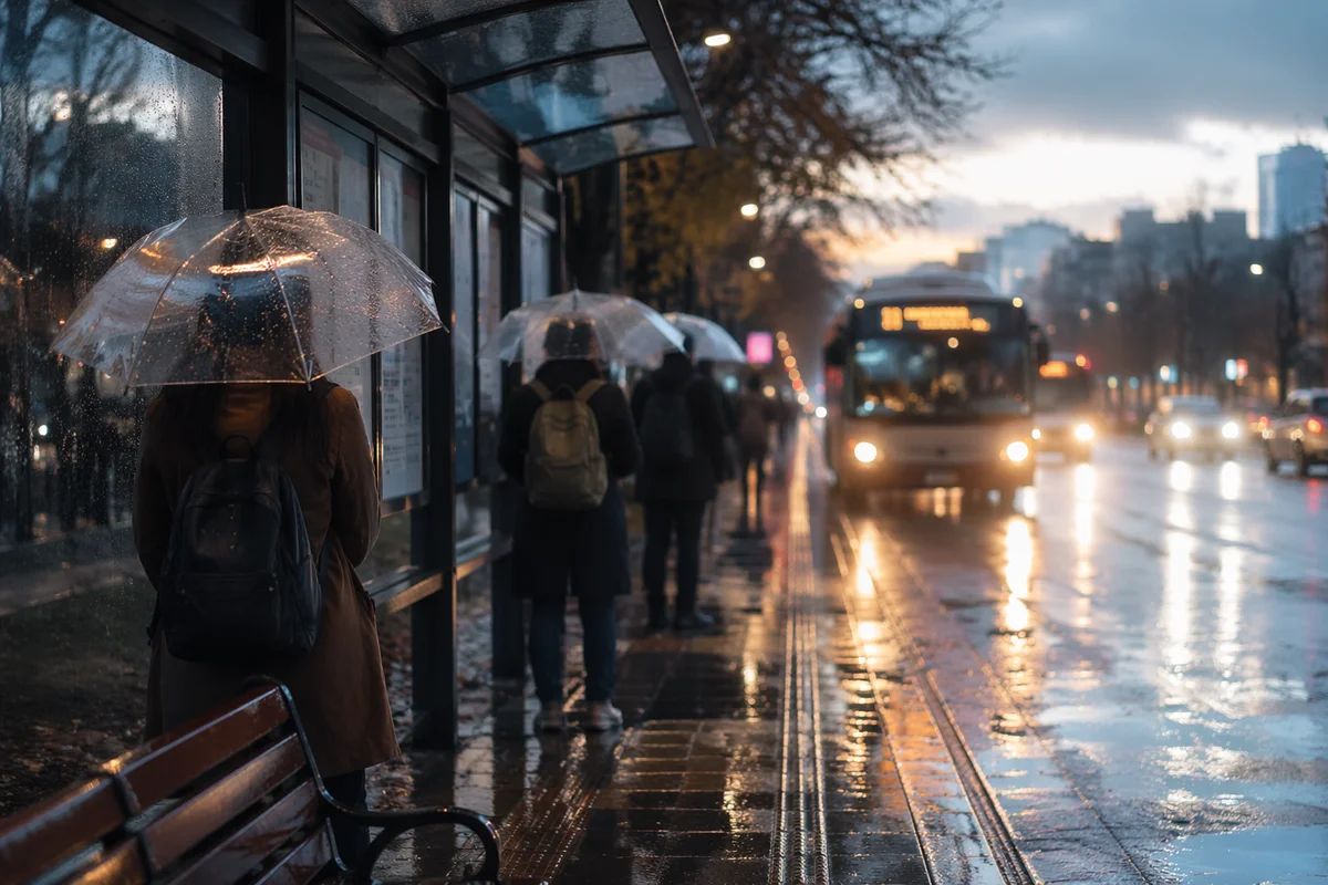 Rainy City Bus Stop Morning Commute