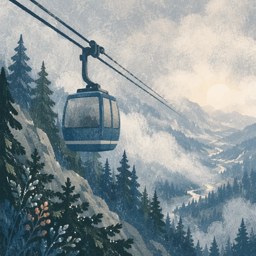 Misty Morning Cable Car Mountain Ascent