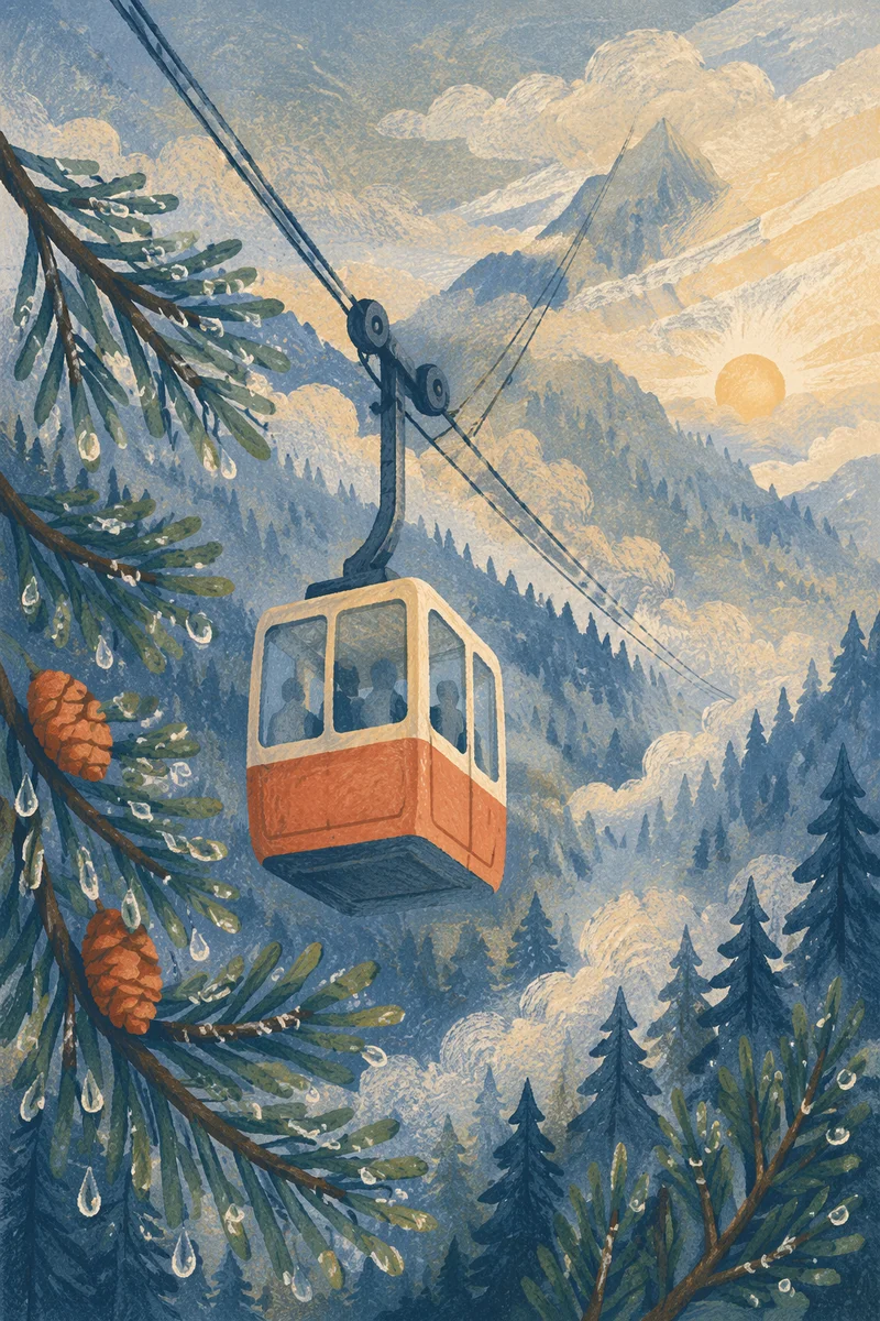 Misty Morning Cable Car Mountain Ascent