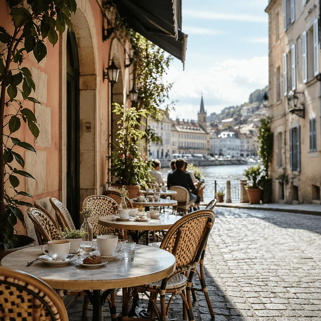 Charming European Cafe Terrace by Cobblestone Street