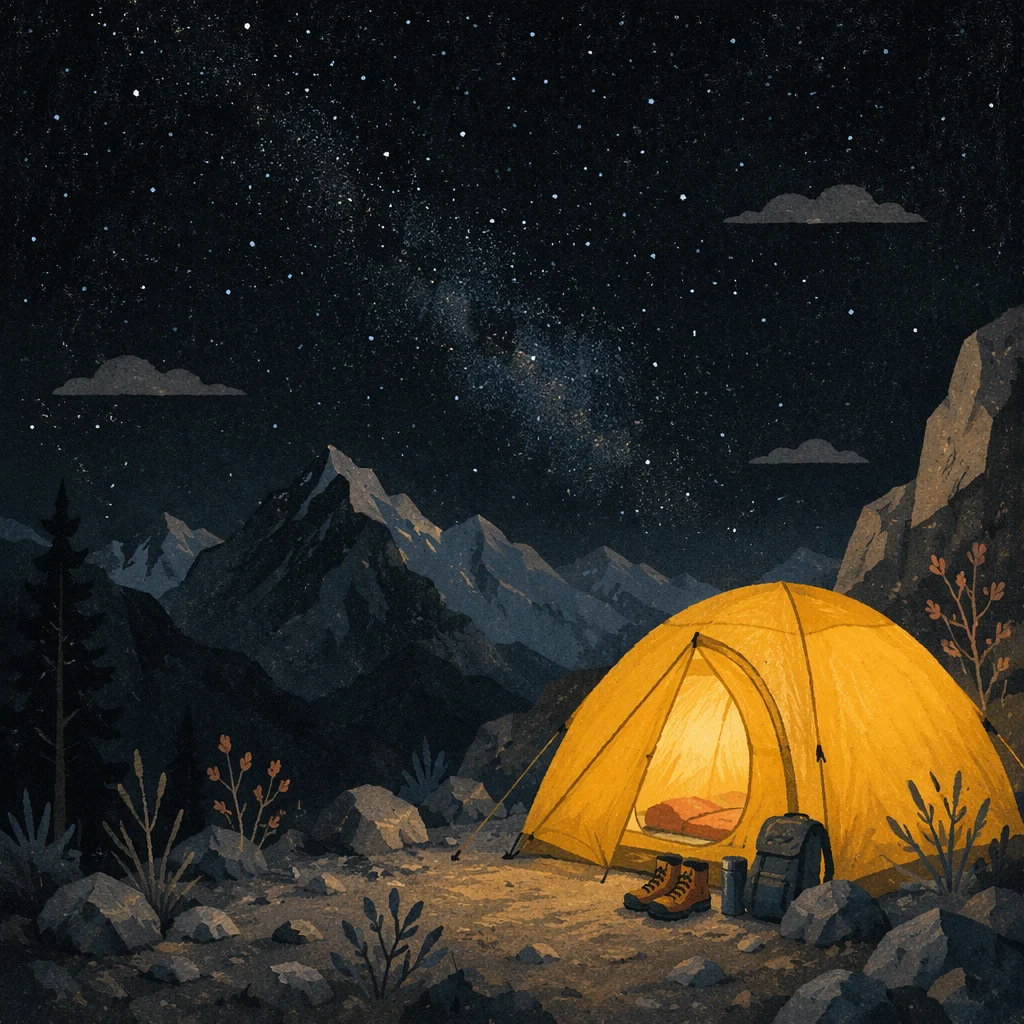 Glowing Tent Beneath Starry Mountain Sky
