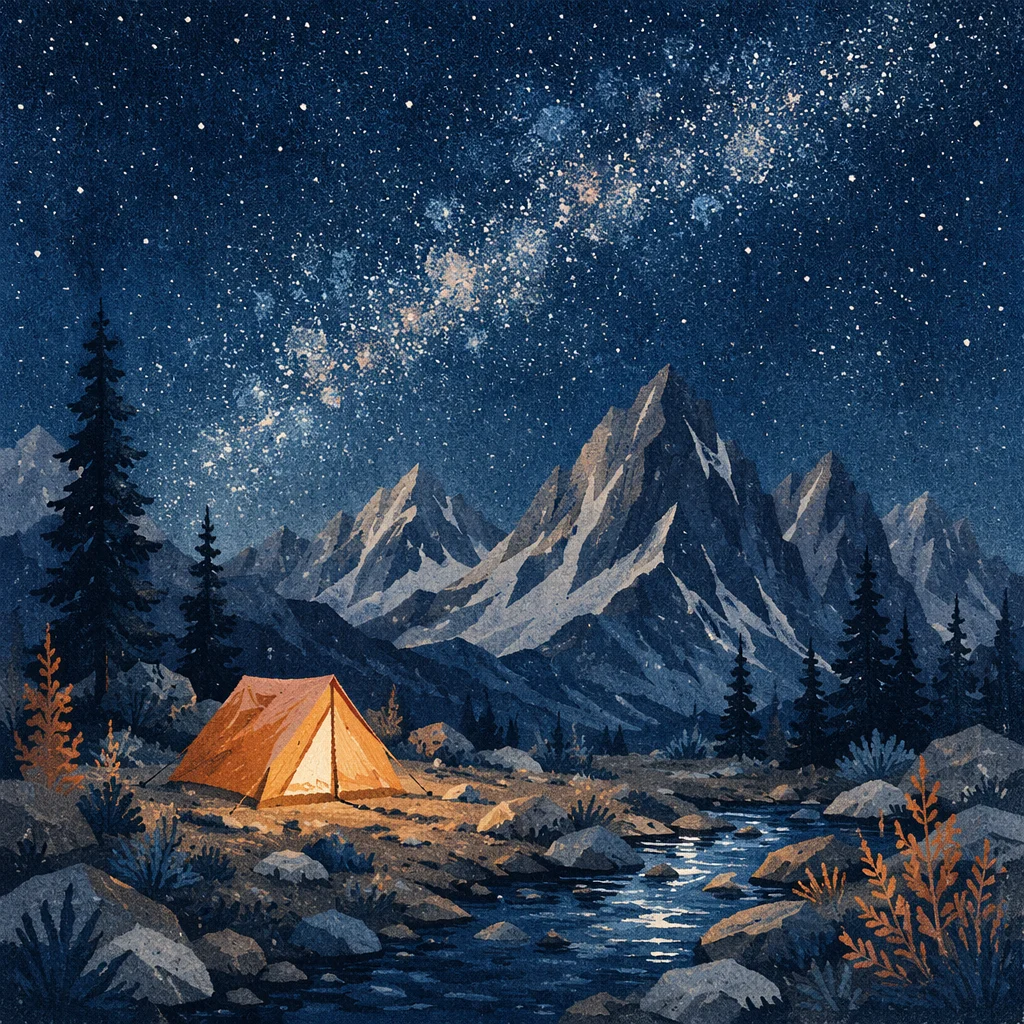 Glowing Tent Beneath Starry Mountain Sky