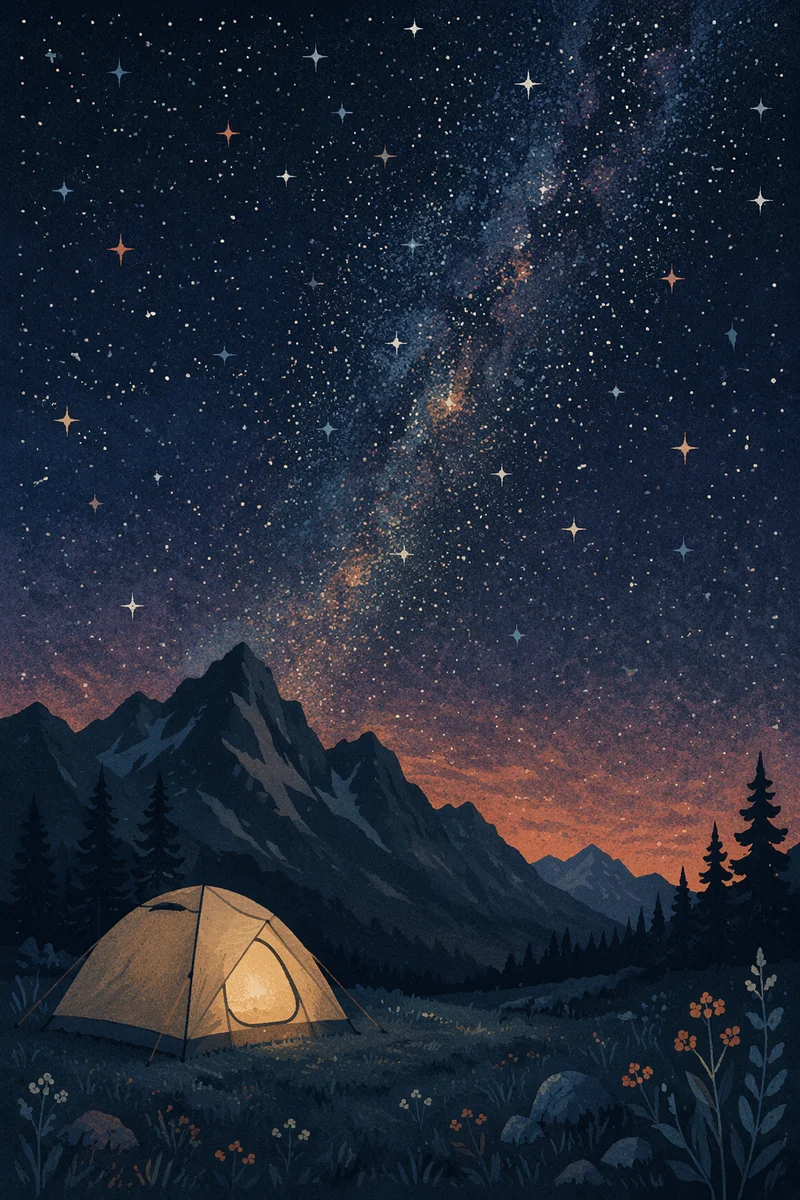 Glowing Tent Beneath Starry Mountain Sky