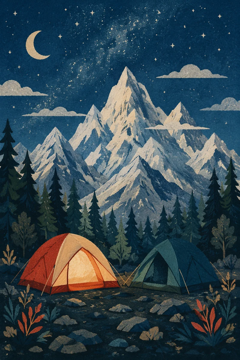 Starry Alpine Campsite Beneath Snowy Peaks